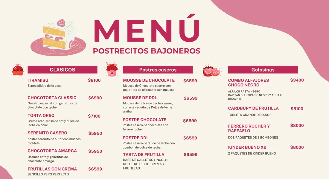 Menú real de El Postrecito Bajonero con 15 productos: clásicos, postres caseros y golosinas