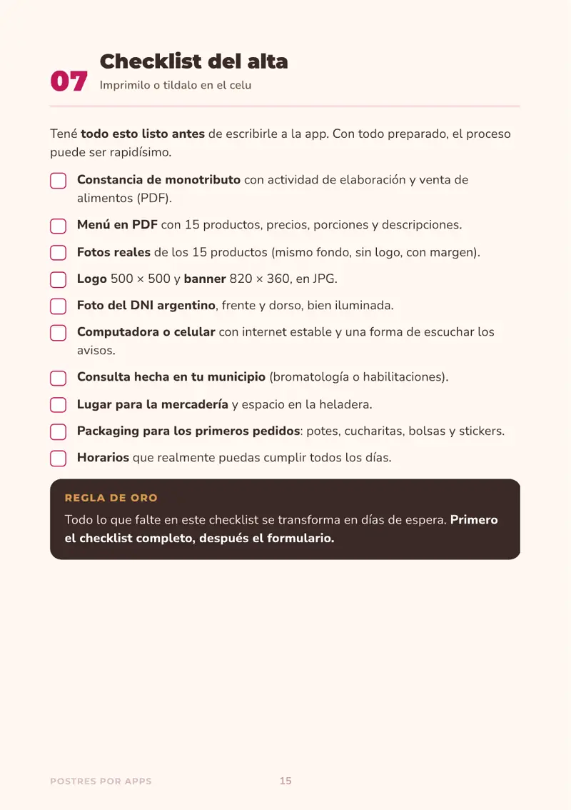 Página del checklist del alta